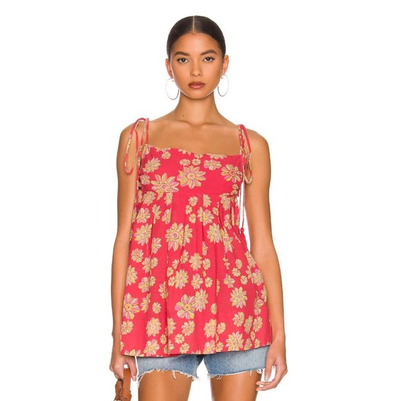 Free People Tops - Free People Indigo Molly Tunic Tank Top Blouse Floral Boho Oversized Tie Tassel